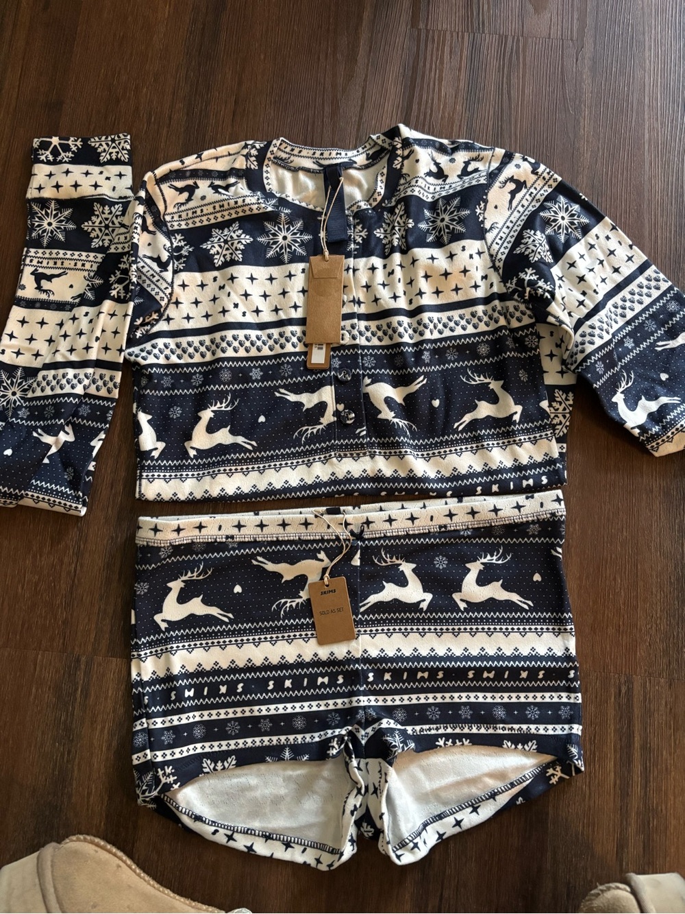 SKIMS Navy and Cream Reindeer Holiday Pajama Set